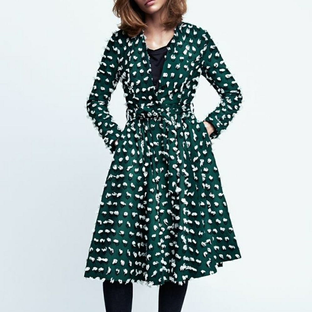 H&M Trend Green Belted Floral Embroidered Coat